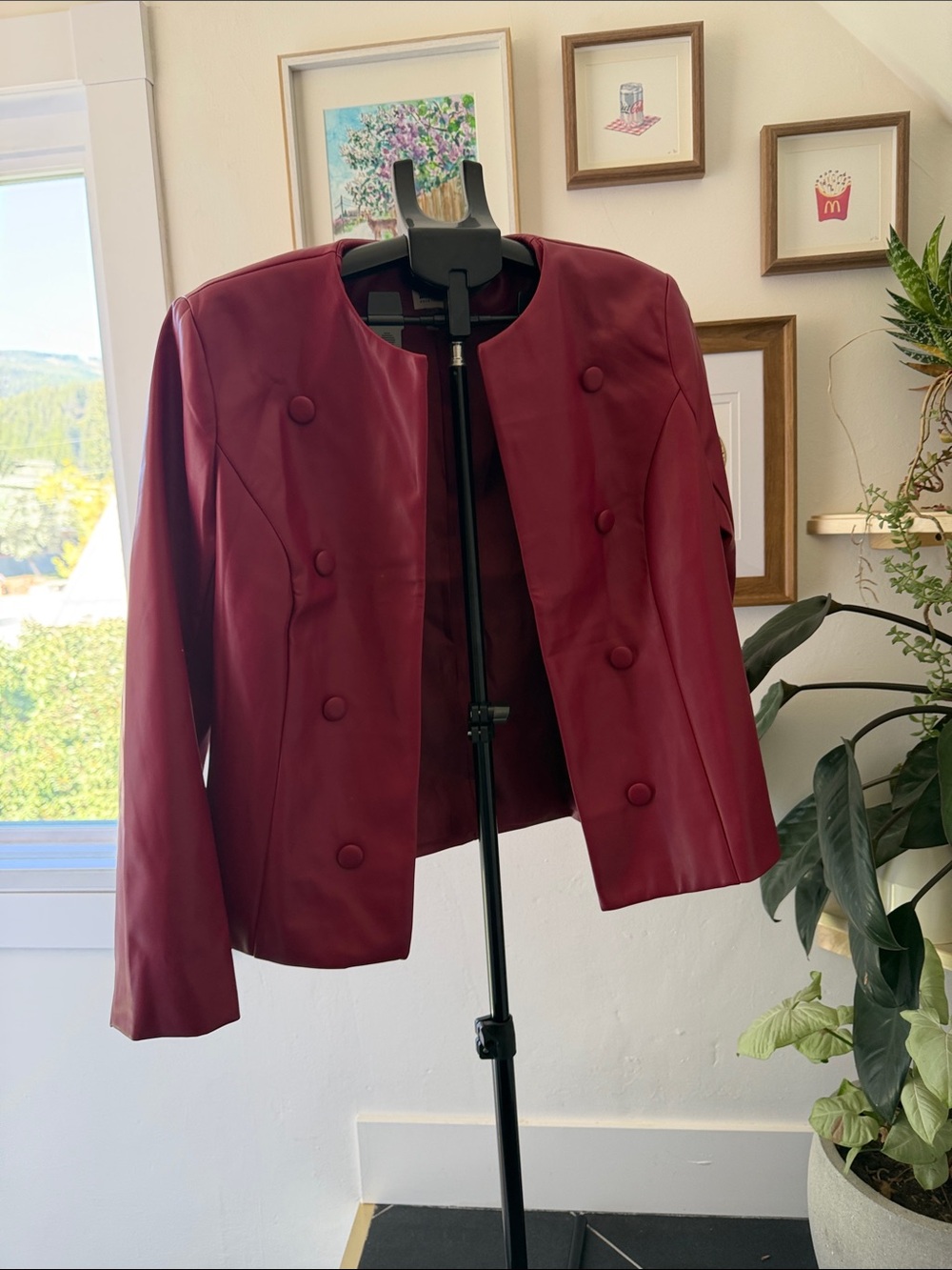 Women's Burgundy Double-Breasted Faux Leather Jacket